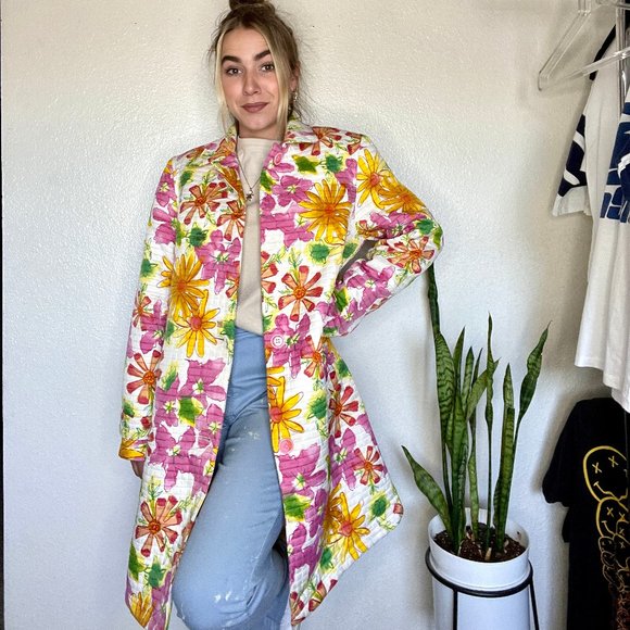 Vintage Tops - Vintage 90's Pink Yellow Retro Floral Puffer Quilt Jacket Adult Large